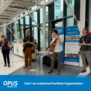 Year 1 as a National Portfolio Organisation Photo of Sarah, Rich, Nick, and Oli, in SFHT foyer playing music for staff