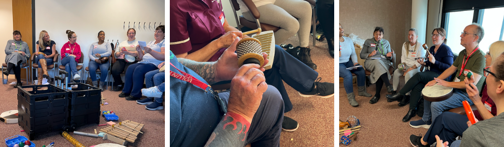 Image of Music Care Training at Mansfield Community Hospital, three images of staff sat in a circle playing instruments, up close playing and group work